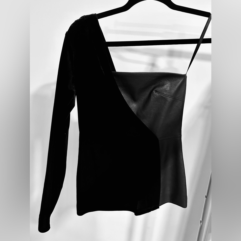 BcbgMaxazria one sleeve, feaux leather and velvet mixed media top